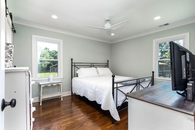 bedroom with multiple windows, ornamental molding, dark wood-type flooring, recessed lighting, and baseboards
