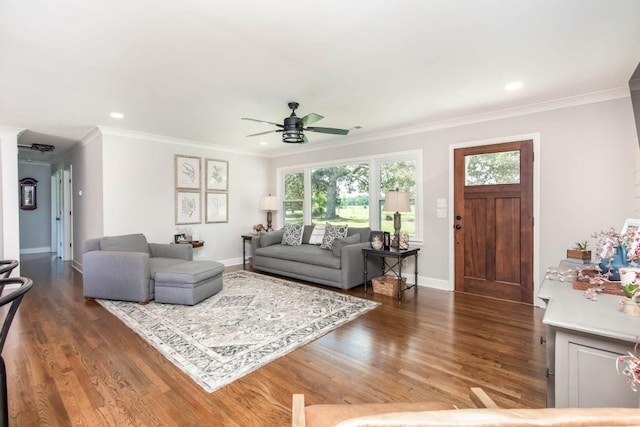living room with a ceiling fan, wood finished floors, healthy amount of natural light, crown molding, and recessed lighting