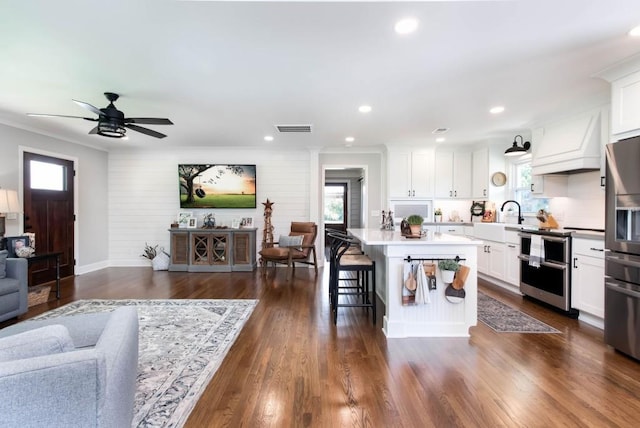 kitchen with open floor plan, appliances with stainless steel finishes, custom exhaust hood, plenty of natural light, and crown molding