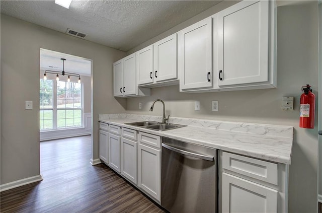 4975 Rockstone Way, Acworth, GA 30101 - kitchen with dishwasher, dark wood-style flooring, white cabinetry, and a textured ceiling
