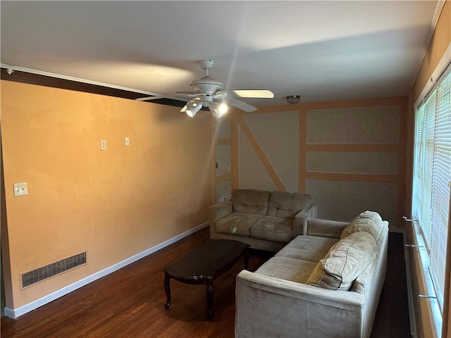 1681 SW Hammond Woods Cir SW, Marietta, GA 30008 - living room with a ceiling fan, dark wood-style flooring, and baseboards