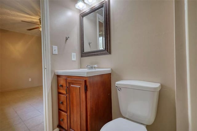 half bathroom with toilet, a ceiling fan, and vanity