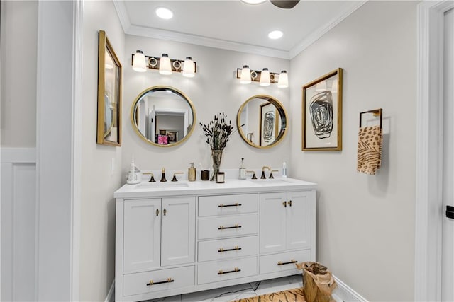 2176 Pine Lake Rd, Hiawassee, GA 30546 - full bathroom featuring baseboards, double vanity, recessed lighting, and ornamental molding