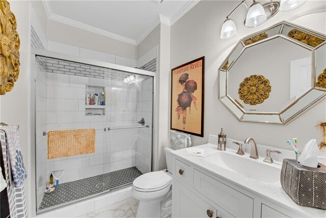 2176 Pine Lake Rd, Hiawassee, GA 30546 - bathroom with marble finish floors, toilet, a stall shower, vanity, and crown molding