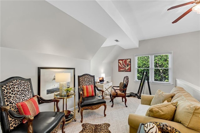 2176 Pine Lake Rd, Hiawassee, GA 30546 - sitting room with ceiling fan, baseboards, and lofted ceiling