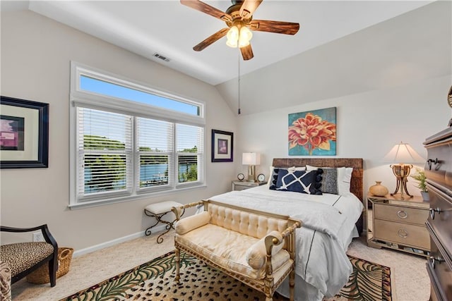 2176 Pine Lake Rd, Hiawassee, GA 30546 - bedroom with vaulted ceiling, carpet flooring, multiple windows, baseboards, and a ceiling fan