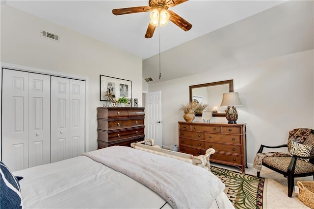 2176 Pine Lake Rd, Hiawassee, GA 30546 - carpeted bedroom with a closet, ceiling fan, and lofted ceiling