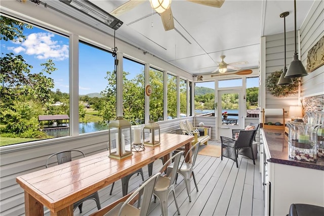 2176 Pine Lake Rd, Hiawassee, GA 30546 - sunroom / solarium featuring ceiling fan, a water view, and outdoor dining space