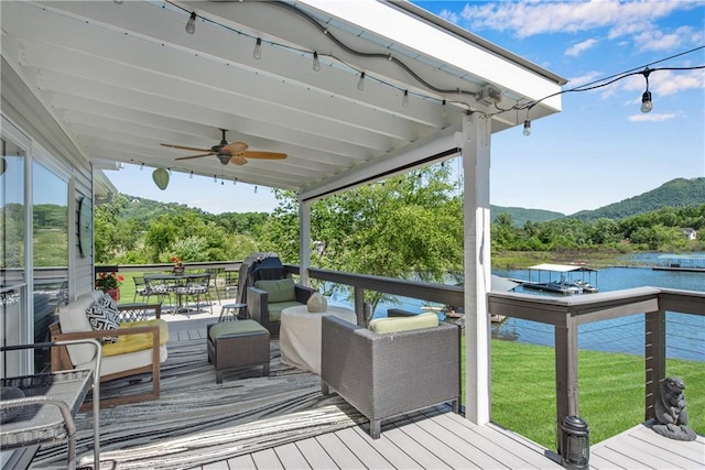 2176 Pine Lake Rd, Hiawassee, GA 30546 - deck with a ceiling fan, a mountain view, and outdoor dining space
