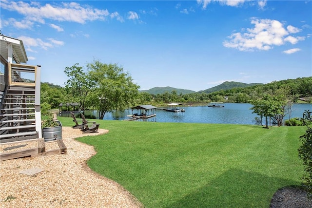 2176 Pine Lake Rd, Hiawassee, GA 30546 - view of green lawn with a water and mountain view and stairs
