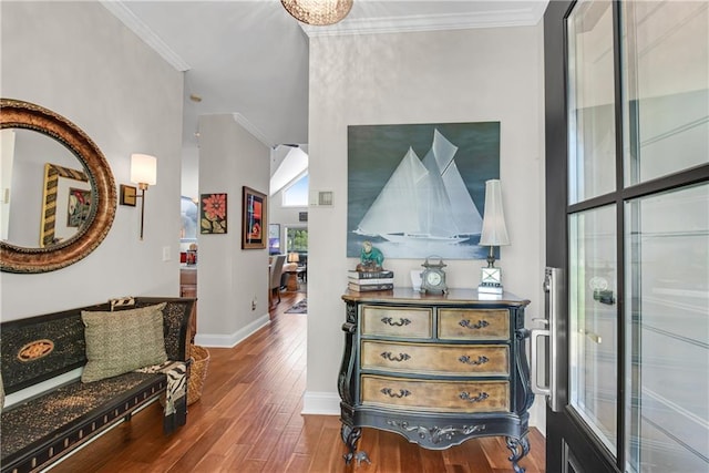 2176 Pine Lake Rd, Hiawassee, GA 30546 - corridor with wood finished floors, baseboards, crown molding, and a high ceiling