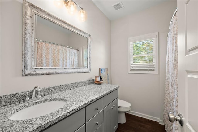 bathroom featuring hardwood / wood-style flooring, vanity, and toilet