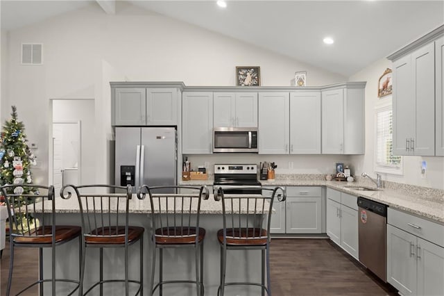 kitchen featuring a center island, dark wood-type flooring, sink, light stone counters, and stainless steel appliances