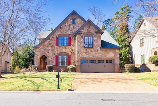 view of front of house featuring a garage, driveway, stone siding, a front yard, and brick siding