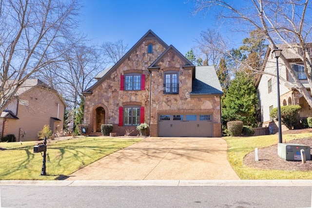 view of front facade with stone siding, a front lawn, concrete driveway, and brick siding