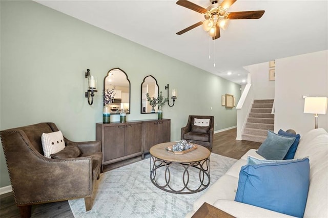 353 Sound Cir, Stockbridge, GA 30281 - living area with recessed lighting, stairway, wood finished floors, baseboards, and ceiling fan