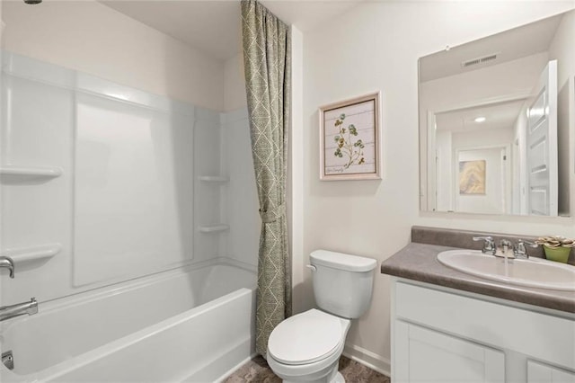 353 Sound Cir, Stockbridge, GA 30281 - bathroom with vanity, toilet, visible vents, baseboards, and shower / bath combination with curtain