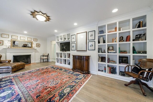 living room featuring ornamental molding and light hardwood / wood-style flooring