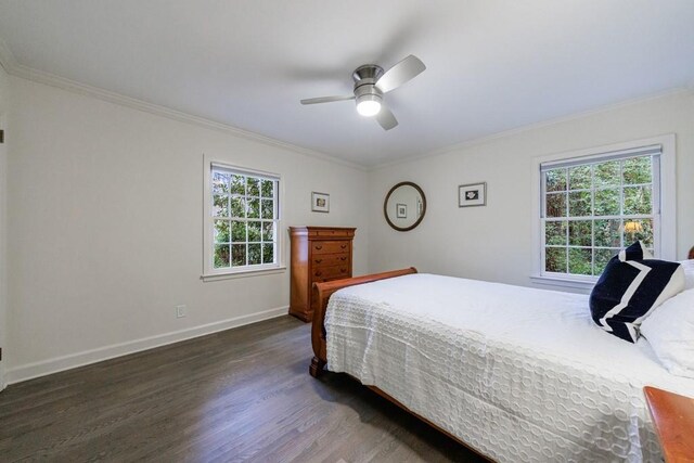 bedroom featuring ceiling fan, multiple windows, dark hardwood / wood-style floors, and ornamental molding