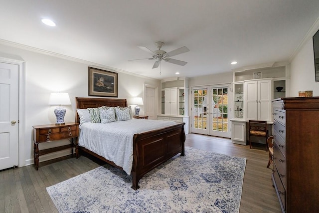 bedroom featuring ceiling fan, access to exterior, dark wood-type flooring, and ornamental molding