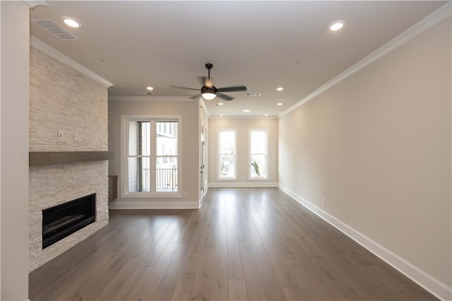 530 Fisher Dr Unit 45, Alpharetta, GA 30009 - unfurnished living room featuring a ceiling fan, baseboards, a stone fireplace, dark wood finished floors, and recessed lighting