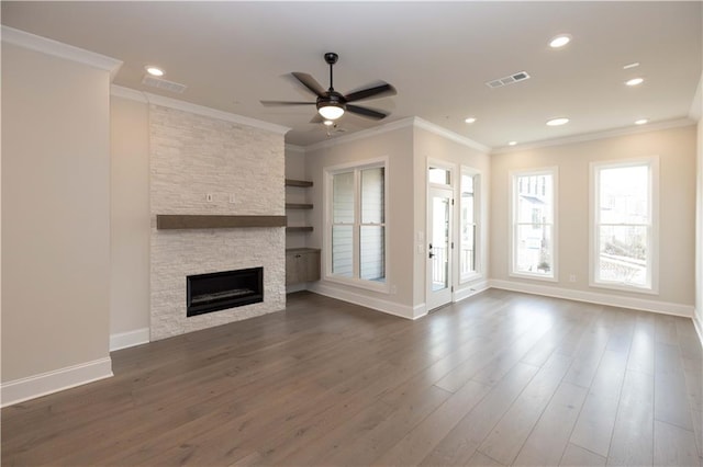530 Fisher Dr Unit 45, Alpharetta, GA 30009 - unfurnished living room with a ceiling fan, a stone fireplace, dark wood-style floors, baseboards, and ornamental molding