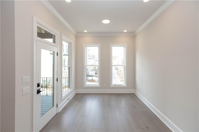530 Fisher Dr Unit 45, Alpharetta, GA 30009 - doorway to outside with plenty of natural light, ornamental molding, baseboards, recessed lighting, and wood finished floors