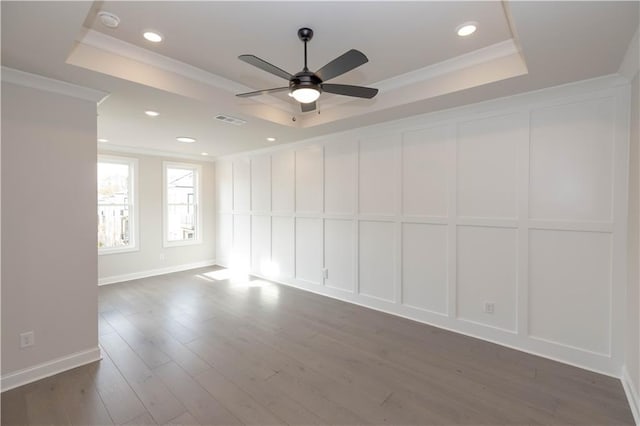 530 Fisher Dr Unit 45, Alpharetta, GA 30009 - unfurnished room featuring a tray ceiling, ceiling fan, dark wood finished floors, a smoke detector, and ornamental molding