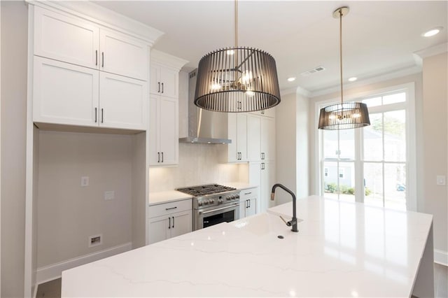 530 Fisher Dr Unit 45, Alpharetta, GA 30009 - kitchen with high end range, wall chimney exhaust hood, a sink, a chandelier, and backsplash