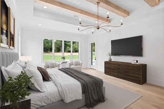 bedroom with access to outside, beamed ceiling, light wood-style flooring, and baseboards