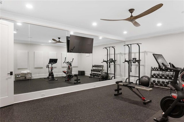 exercise area with a ceiling fan, recessed lighting, and crown molding