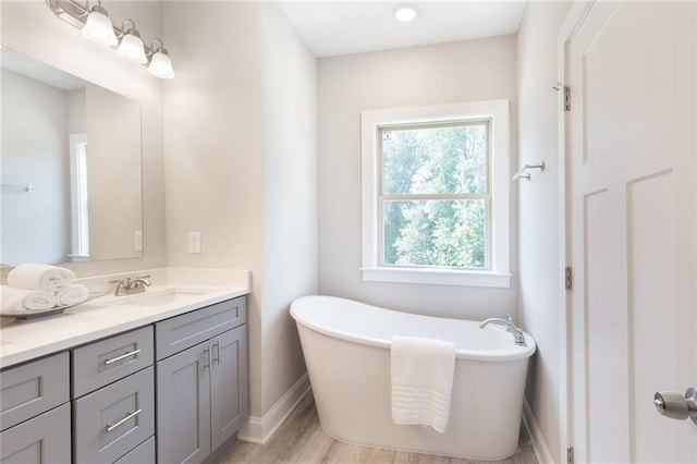 bathroom featuring a freestanding tub, vanity, baseboards, and wood finished floors