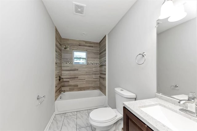 full bath with visible vents, shower / washtub combination, toilet, marble finish floor, and vanity