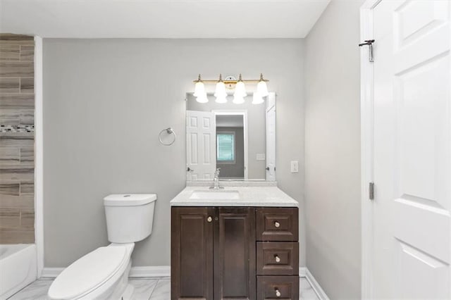 full bathroom with baseboards, toilet, marble finish floor, and vanity