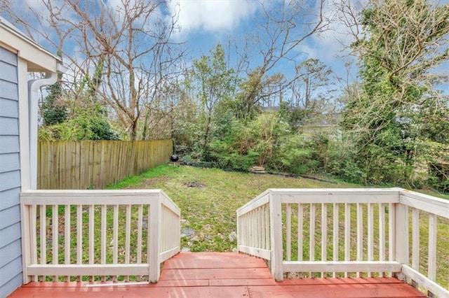 deck featuring fence and a lawn