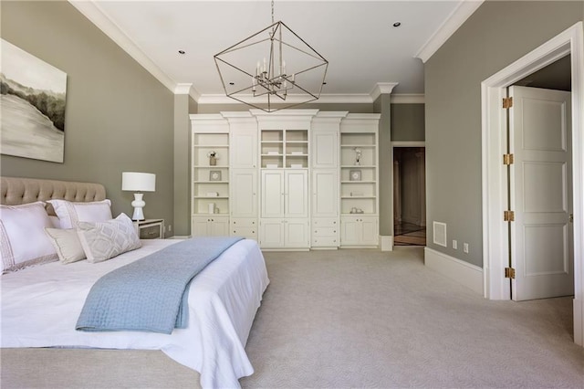 bedroom with a closet, baseboards, a notable chandelier, crown molding, and light carpet