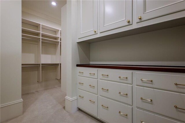 spacious closet featuring light colored carpet