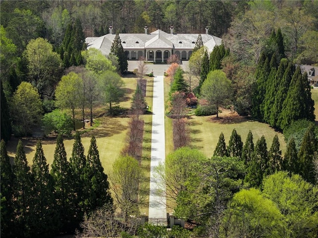 bird's eye view featuring a view of trees