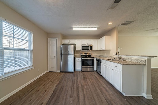 kitchen featuring kitchen peninsula, dark hardwood / wood-style flooring, stainless steel appliances, sink, and white cabinets