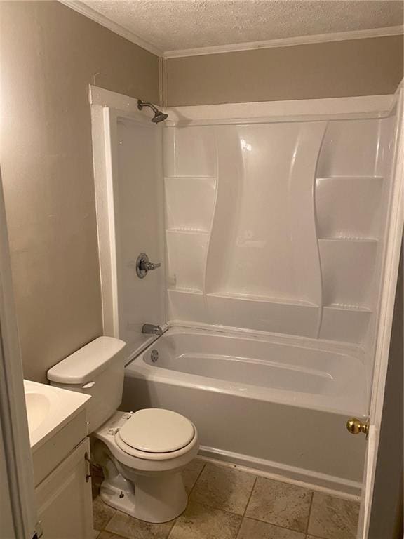 full bath with toilet, bathtub / shower combination, a textured ceiling, and vanity