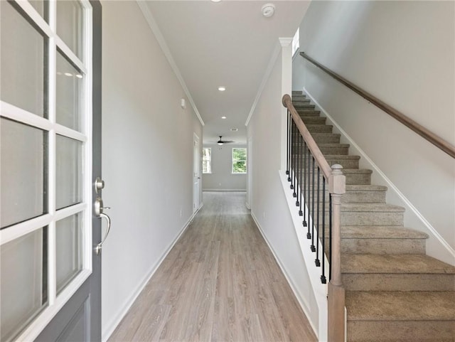 interior space with ceiling fan, wood-type flooring, and ornamental molding