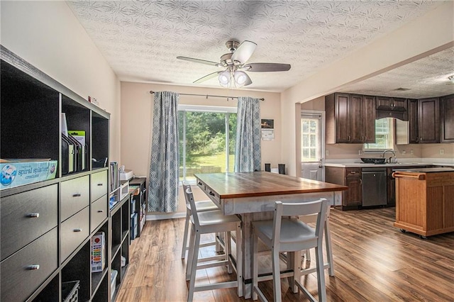 45 Ratliff Dr, Covington, GA 30016 - kitchen with dishwasher, ceiling fan, wood finished floors, plenty of natural light, and a textured ceiling