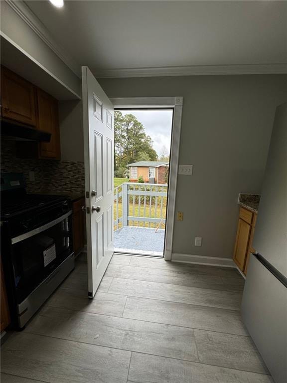 kitchen featuring stainless steel appliances, ornamental molding, range hood, light wood-type flooring, and backsplash