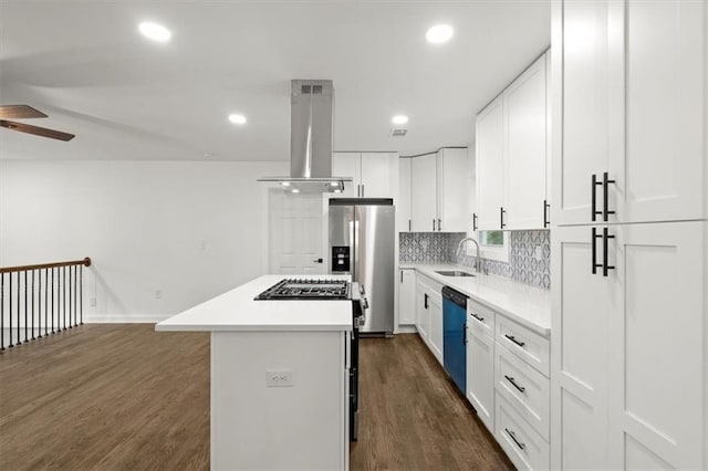 kitchen with a kitchen island, stainless steel fridge with ice dispenser, a sink, dishwasher, and island range hood