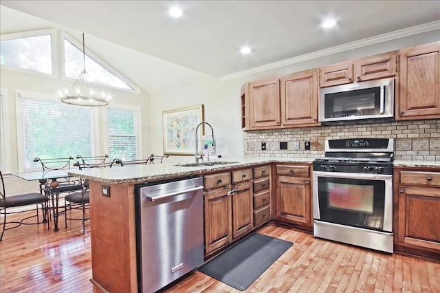 kitchen featuring a sink, a peninsula, backsplash, and stainless steel appliances