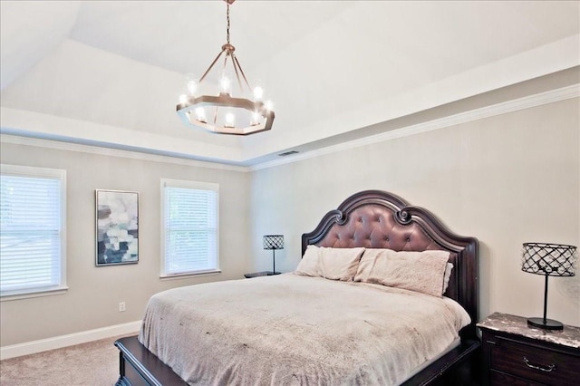 bedroom with baseboards, crown molding, a raised ceiling, a notable chandelier, and light colored carpet