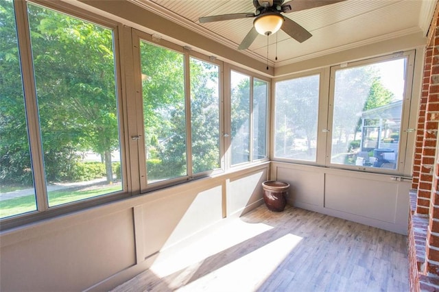 unfurnished sunroom featuring ceiling fan and healthy amount of natural light