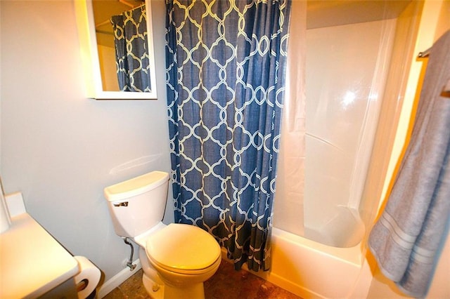 bathroom with shower / bath combination with curtain and toilet