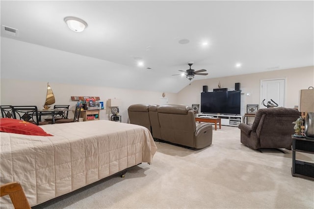 carpeted bedroom featuring ceiling fan and lofted ceiling