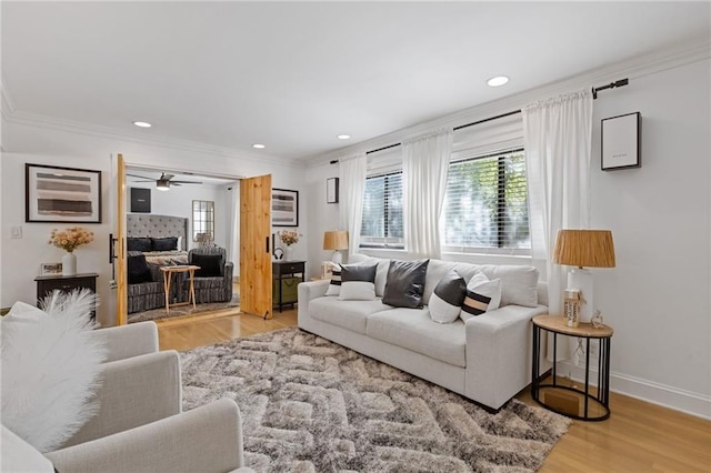10 26th St NW Unit A2, Atlanta, GA 30309 - living area featuring baseboards, recessed lighting, wood finished floors, ceiling fan, and ornamental molding